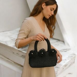 Vintage 80's Bag Black Glass Beads Beaded Strap Satin Lined Florets